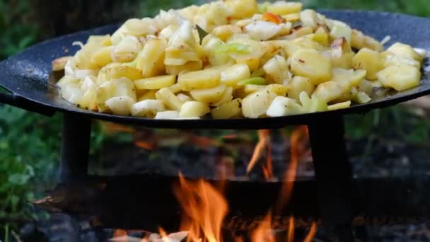 Närbild Hemlagad Matlagning Stekt Potatis Utomhus Förhållanden Brand Brandstekt Potatis — Stockvideo