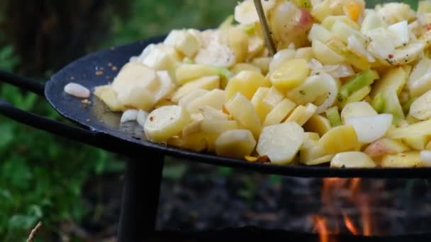 火の上で屋外の条件で自家製の調理フライドポテト フライドポテトを燃やします シンプルな食べ物 コンセプトアドベンチャーアクティブバケーションアウトドア — ストック動画