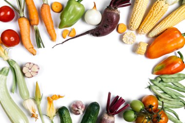 Sonbahar sebzelerinden yapılmış desen. Gıda konsepti. Domates, soğan, salatalık, kabak, havuç, sarımsak, kırmızı pancar, biber, mısır ve beyaz arka plan üzerinde yeşil haricot. Düz döşeme, üst görünüm, kopyalama alanı