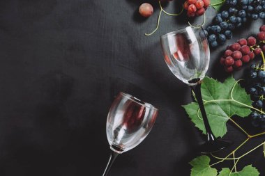İki kırmızı şarap kadehi, taze üzüm ve siyah ahşap arka plan üzerinde yaprakları. Düz döşeme, üst görünüm, kopyalama alanı. Şarap barı, şaraphane, şarap tatma konsepti