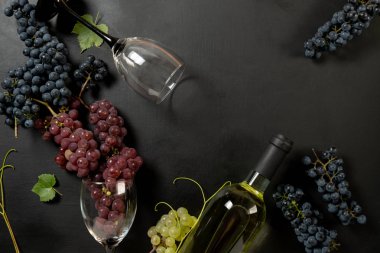 Şişe, iki şarap bardağı, taze üzüm ve siyah arka planda yapraklar. Düz döşeme, üst görünüm, kopyalama alanı. Şarap barı, şaraphane, şarap tatma konsepti