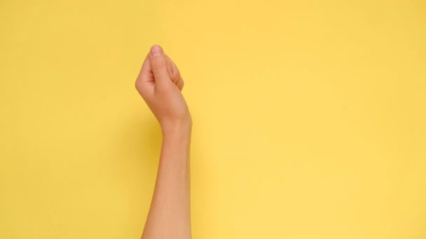 女性手指着复制空间隔离在工作室的黄色背景 肢体语言概念 与文本或图像的位置 促销内容 广告区 工作区模拟 — 图库视频影像