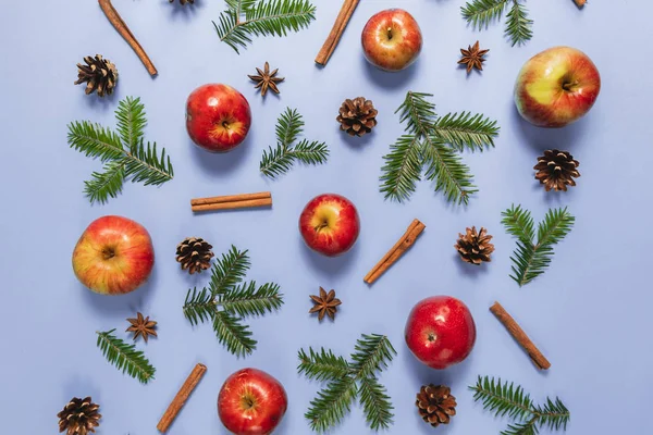 Kış kompozisyonu. Çerçeve köknar ağacı dalları, çam, kırmızı elma ve tarçın pastel mavi arka plan üzerinde yapılmıştır. Sonbahar, sonbahar, kış konsepti. Düz döşeme, üst görünüm, kopyalama alanı — Stok fotoğraf