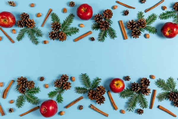 Composição de Natal ou inverno. Quadro feito de ramos de abeto, pinho, bolota, maçã vermelha e canela no fundo azul pastel. Natal, inverno, conceito de ano novo. Flat lay, vista superior, espaço de cópia — Fotografia de Stock