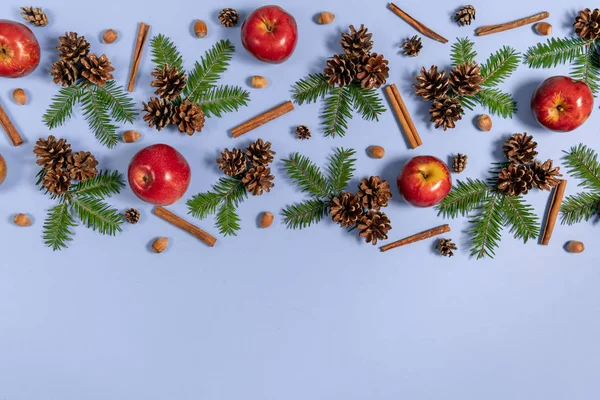 Composição de Natal. Ramos de árvores, pinheiro, maçã vermelha, bolota e canela no fundo azul pastel. Natal, inverno, conceito de ano novo. Flat lay, vista superior, espaço de cópia — Fotografia de Stock