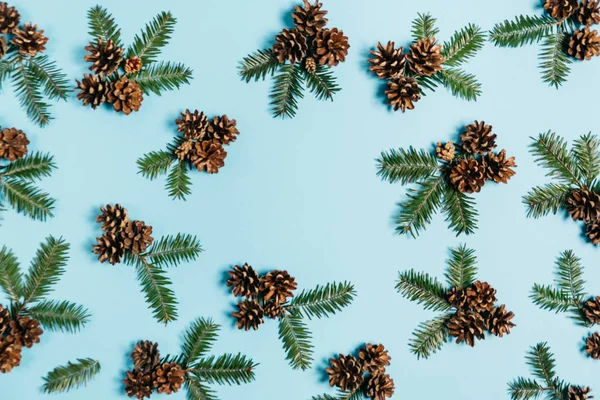 Composição de Natal. Ramos de árvore, pinho no fundo azul pastel. Natal, inverno, conceito de ano novo. Flat lay, vista superior, espaço de cópia — Fotografia de Stock