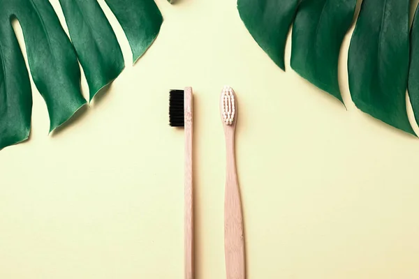 Two Wooden Bamboo Eco Friendly Toothbrushes Green Leaves Monstera Pastel — Stock Photo, Image