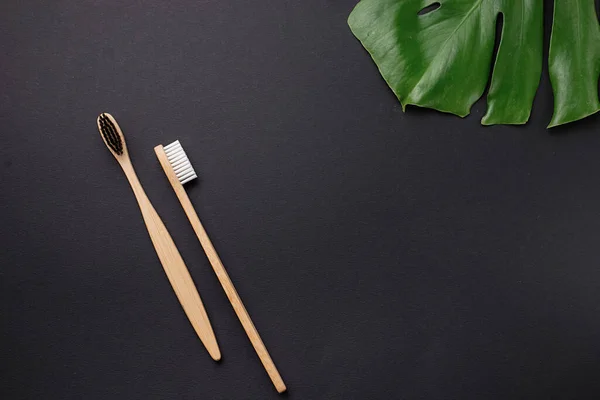 Zero waste and without plastic concept. Two wooden bamboo eco friendly toothbrushes and green leaves monstera on black background. Flat lay, top view, copy space.