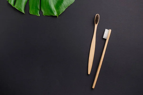 Composição Plana Com Duas Escovas Dentes Ecológicas Madeira Bambu Folhas — Fotografia de Stock