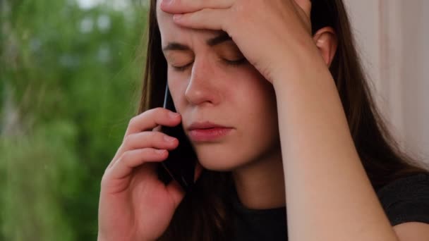Sad Unhappy Woman Sit Windowsill Placing Hand Head Hearing Bad — Stock Video