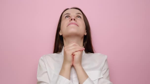 Portrait Hopeful Young Woman Clenching Fists Making Wish Praying Asking — Stock Video