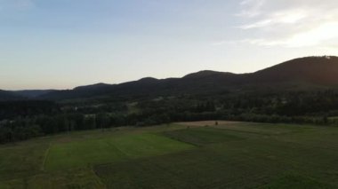 Bulutsuz gökyüzüne karşı yeşil çimlerin ve dağların üzerinden uçan drone görüntüsü. Arka planda sıradağlar var. Gezgin şehvet, büyüleyici ve ürkütücü doğa. Temiz ve huzurlu bir manzara