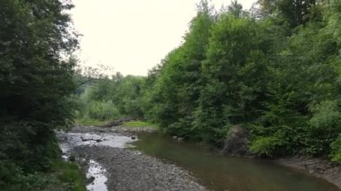 Küçük şirin bir kız ve şapkalı hamile bir annenin dağ nehrinin kıyısında durduğu küçük sevimli bir kız ve annesinin birlikte rahatladığı, şefkatli bir anın tadını çıkardığı bir uzaktan çekim. Etkinlikler seyahat kavramı