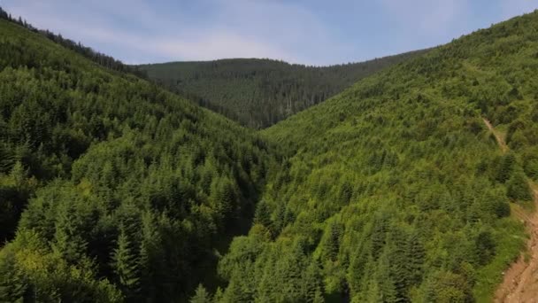 Luchtfoto Drone Uitzicht Rustige Mooie Groene Bergen Tegen Wolkenloze Hemel — Stockvideo