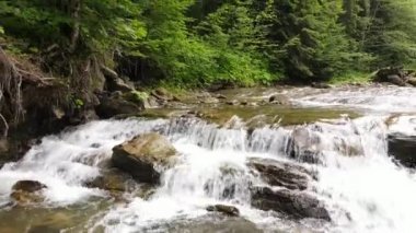Hava aracı görüntüsü ya da dağ nehri suyunun taştan akıntılar ve sıçramalarla çekilmiş görüntüsü. Vahşi nehirde hızlı akıntıları olan temiz suyun arka planı. Güzel doğa harikası, yeşil turizm için sessiz bir yer