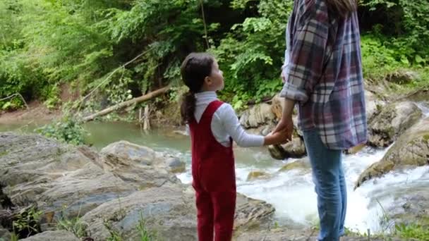 Pregnant Mother Stand River Water Stone Rapids Splashes Her Small — Stock Video