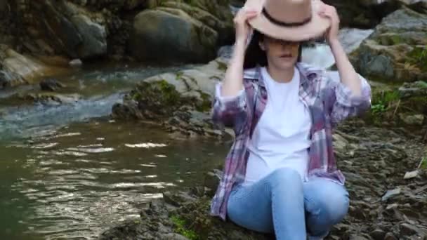 Alm Retrato Hermosa Mujer Embarazada Sombrero Disfrutando Naturaleza Pacífica Explorar — Vídeos de Stock