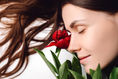 Beyaz stüdyo arka planında uzanan sevimli güzel bir kadının taze çiçek kırmızısı şakayıklı portresini yakından çek. Gözleri kapalı, hayalperest esmer kız. Saç bakımı, cilt güzelliği sağlık konsepti