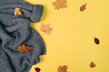 Sonbahar düz kompozisyonu kuru yapraklar, küçük çam kozalakları ve sarı arka planda gri süveter. Yaratıcı sonbahar, şükran günü, sonbahar, cadılar bayramı konsepti. Üst görünüm, alanı kopyala