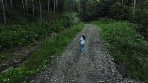 Drone Camera Follows Young Woman Hat Walks Road Wild Forest — Stock Video