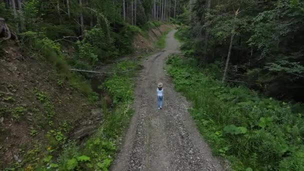 Drone Följer Äventyr Resa Bloggare Promenad Bergsvägen Nära Vilda Skogen — Stockvideo