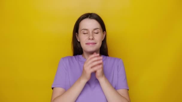 Hopeful Young Woman Clenching Fists Making Wish Praying Asking Dreams — Stock Video