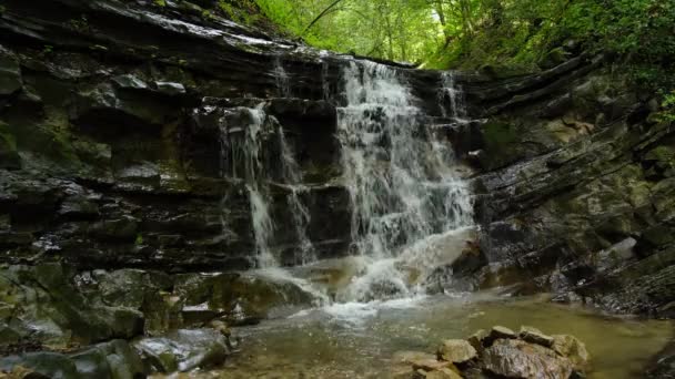 Front View Beautiful Mountain Waterfall Stone Rapid Splashes Фон Пресной — стоковое видео