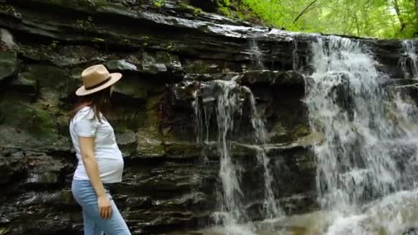 Jonge Zwangere Vrouw Hoed Staan Kijk Naar Krachtige Berg Waterval — Stockvideo