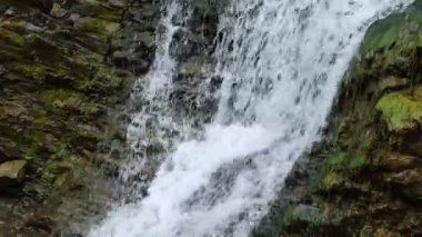 Güçlü bir dağ şelalesine yakın dur yoksa nehir tepeden aşağı akar. Ulusal parktaki temiz su, koruma altındaki doğal alan ya da rezerv. Doğa bileşimi. Yavaş çekim