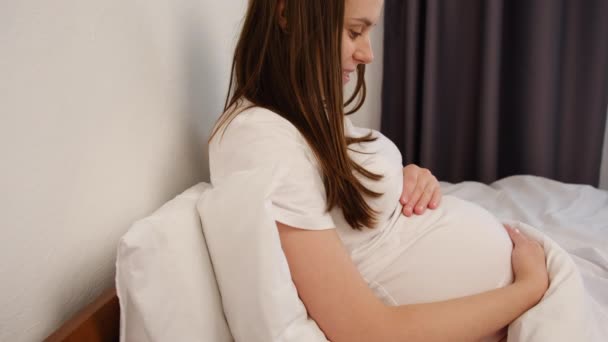 Vista Lateral Alegre Joven Embarazada Madre Acariciando Barriga Mientras Habla — Vídeo de stock