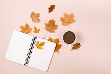 Düz kompozisyon, kuru akçaağaç yaprakları, defter ve pembe arka planda kahve fincanı. Yaratıcı sonbahar, şükran günü, sonbahar, cadılar bayramı konsepti. Üst görünüm, alanı kopyala