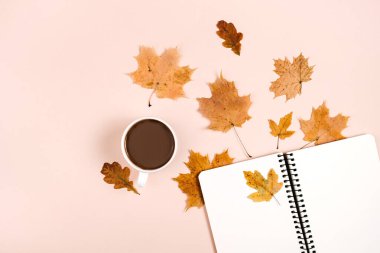 Yaratıcı sonbahar düzlüğü, üstte uzanan kahve fincanı, kurumuş akçaağaç yaprakları ve pembe arkaplan fotokopi alanı üzerindeki defter, minimal stil. Feminen blog sosyal medya için sonbahar şablonu