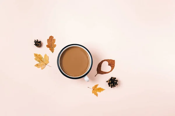 Kreatywny Jesień Płaski Leżał Nad Głową Widok Kawy Mleko Latte — Zdjęcie stockowe