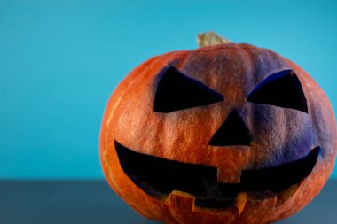 Reklam için fotokopi alanı olan pastel mavisi arka planda oyulmuş büyük turuncu balkabağı yakın plan. Cadılar Bayramı için geleneksel Fenerler. Sonbahar tatili kavramı