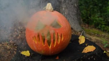 Sonbahar ormanlarındaki ağaç kütüğünün üzerinde duran sarı dumanlı korkunç balkabağına yaklaş. Geleneksel mutlu bayram kutlaması korku dekorasyonu şeytani sembol