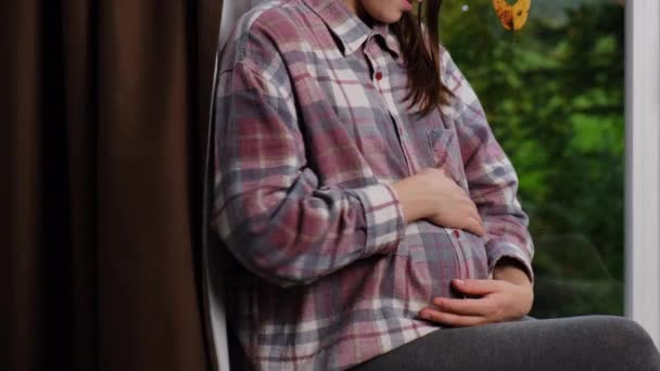 Young Beautiful Pregnant Woman Sitting Windowsill Home Autumn Leaf Heart — Stock Video