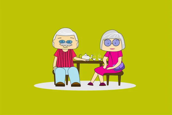 男性と女性は 快適をドレスアップします 温かい飲み物を取る 緑の背景 フラット漫画と高齢者の活動のコンセプト Eps10 — ストックベクタ