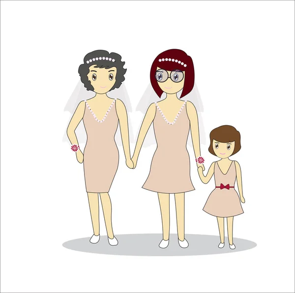 三女士身穿奶油连衣裙是全家人幸福的站着牵手 平面卡通和同性恋的概念 Lgbt Eps10 — 图库矢量图片