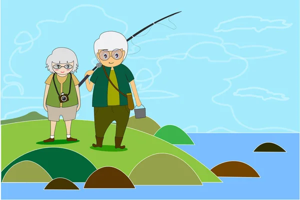 Velhos Homens Mulheres Corpo Saudável Fazendo Atividades Livre Pesca Viagens — Vetor de Stock