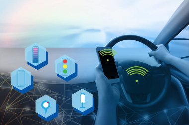 İç görünüm, göstermek perde ve otomatik kendini sürüş. Elektrik akıllı araç teknolojisi ve metin için boş yer.