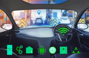 İç görünüm, göstermek perde ve otomatik kendini sürüş. Elektrik akıllı araç teknolojisi.