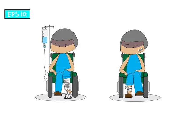 환자 앉아 휠체어와 파란 드레스를 입고... 그는 부러진된 다리 및 석고 깁스 부상 했다. — 스톡 벡터