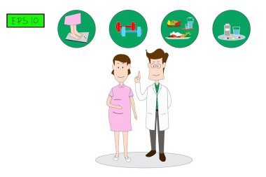 Kadınlar için açıklamak erkek doktor duruyor. Gestasyonel diyabet Inertia.Concept düz stil vektör tıbbi çizim önlemek için önlemler tavsiye.