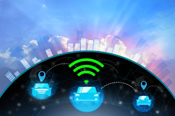 Düz arka plan, içerik elektrik akıllı araç teknolojisi ve metin için boş yer.