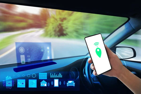 Internal view, Display screen and automatic self driving. Electric smart car technology .