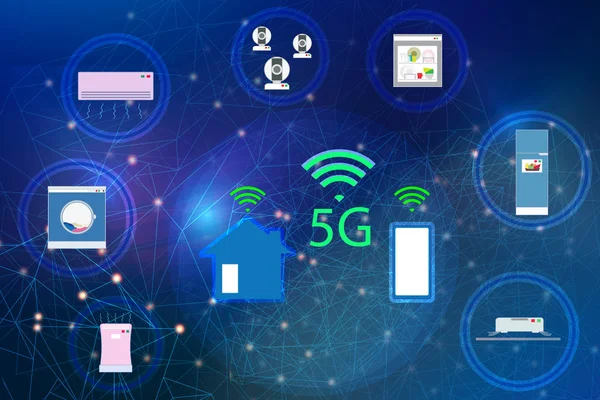 5g 네트워크 및 무선 장치 인터넷 스마트 홈 및 가전 제품 연결, 시설과의 통신 개념. — 스톡 사진