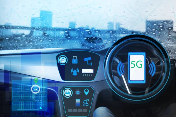 Akıllı telefon bağlantısı akıllı evler kontrolü ile iç görünüm ve otomatik otomatik komut sürüş, Elektrikli akıllı araba teknolojisi ve metin için doğru boş alan.