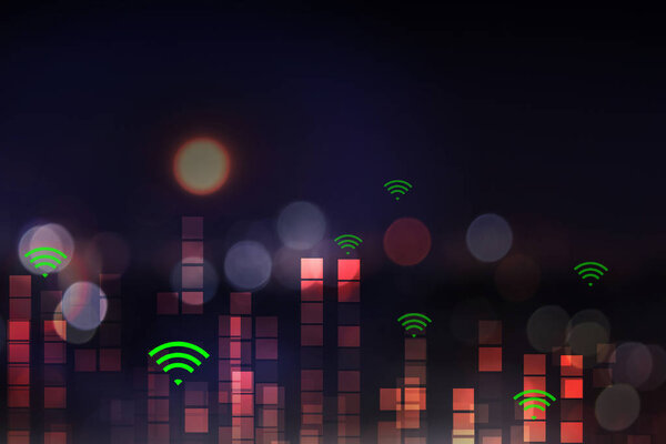 Фоновый город с ярким электричеством. В ночь контракта связи с 5G. пустое место для текста
.