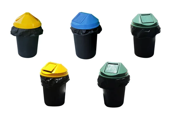 Black plastic trash with green, yellow, blue lid. To separate categories such as recycle, fresh garbage, general waste.  isolated on white background with clipping path. — 스톡 사진