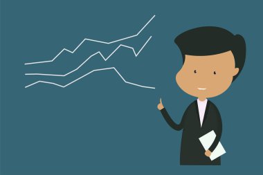 Erkek karakteri siyah bir takım elbise giyiyor. gösterilen grafik açıklamaları, istatistik pozitif yönü ve boş alanı gösterir. Finans, yatırım ve büyüyen işletmeler hakkında Concept düz stil vektör çizim-EPS 10